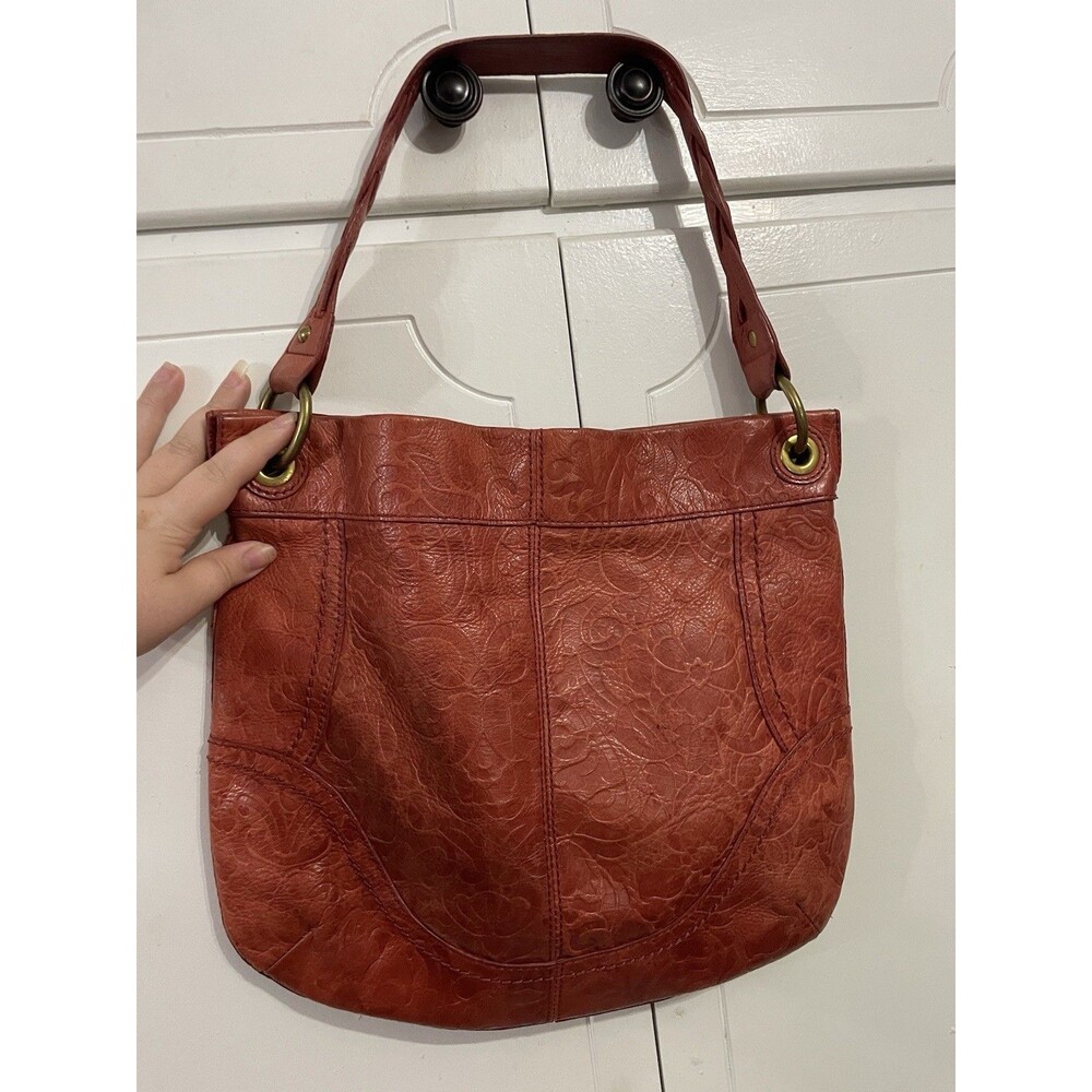 Fossil Red Embossed Cowhide Leather Hobo Crossbody Bag Or Shoulder Purse